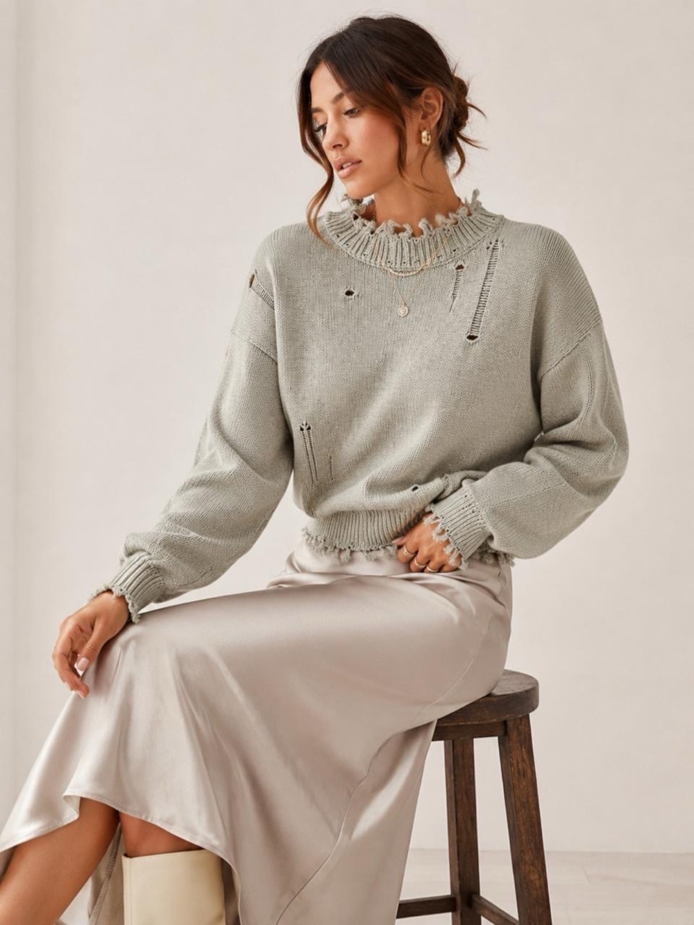 Elan Women Distressed Crew Neck Sweater Sage Frayed Trim Size XS NWT